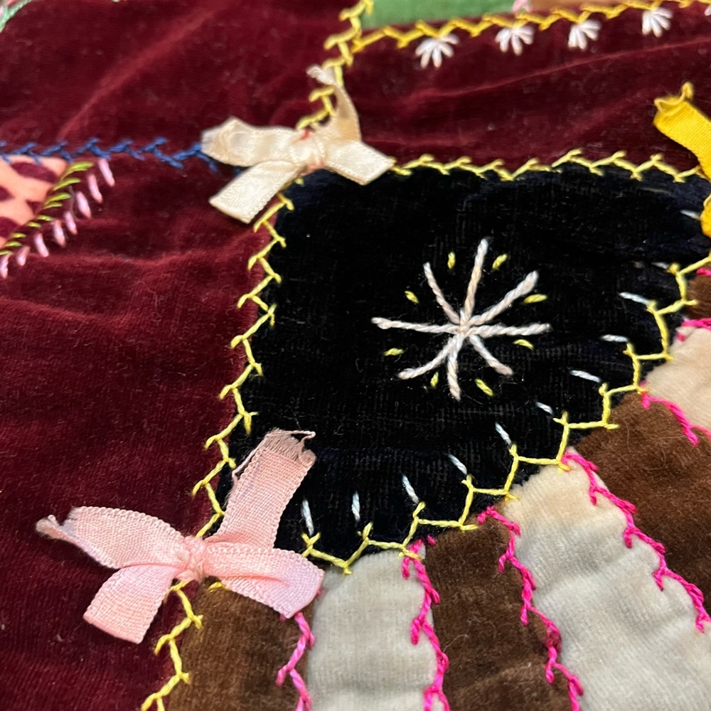 1903 HandMade Antique Crazy Quilt Colorful Patchwork with Fan Design 68X75 - Picture 4 of 8